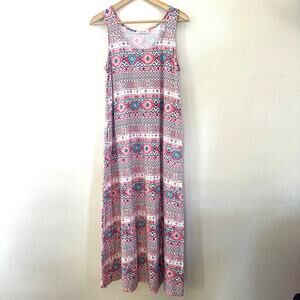Fresh Produce Sleeveless Maxi Dress Geometric Print Size Medium Pink W/ Pockets‎
